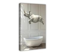 Rinoceronte saltando en la bañera, divertida decoración de pared de baño, animales tomando un baño, foto retro de estilo vintage, impresión de rinoceronte, Ai Art-1