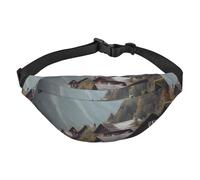 Riñonera ajustable con diseño de casas vintage en las montañas, riñonera grande de viaje, unisex, Black, Talla única, Mochila informal