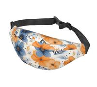 Riñonera ajustable para mujeres y hombres, con diseño de flores azules y naranjas sobre fondo blanco, para viajes, color negro, talla única, Black, Talla única