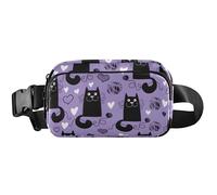 Riñonera antirrobo con diseño de gatos negros y morados, impermeable, con flores, para mujer, 8 x 5.3 x 2.3 pulgadas, lindos gatos, color morado, 8 x 5.3 x 2.3 pulgadas, Black Cute Cats Purple, 8 x