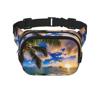Riñonera con estampado de palmeras tropicales de Hawái, océano, mar, puesta de sol, para hombres y mujeres, correa ajustable impermeable, 3 bolsillos para viajes al aire libre