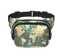 Riñonera con estampado retro de mapa del mundo con extensor para hombres y mujeres, riñonera con bolsillos con cremallera, Negro -, Talla única