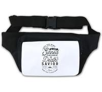 Riñonera con texto en inglés "I Have Bad News We Have Sinned But We Have A Saviour", color blanco, White, Talla única