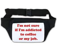 Riñonera con texto en inglés "I'm not sure if I'm addicted to coffee or my job", color blanco, White, Talla única