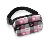 Riñonera cruzada a cuadros con corazón rosa para mujeres y hombres, riñonera para entrenamiento, correr, viajes con correa ajustable