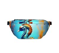 Riñonera cruzada de caballito de mar de coral de fondo marino. Gran capacidad, impermeable y resistente al polvo, cremallera segura, adecuada para viajes y actividades al aire libre, negro, talla