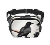Riñonera cuadrada con estampado de cuervo negro con pájaros en una rama para entrenamiento, senderismo, correr, viajes, gimnasio, bonita cremallera a la moda, Black, Talla única