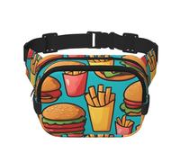 Riñonera cuadrada con estampado único de hamburguesas fritas de dibujos animados, gran capacidad, ajustable, para viajes y deportes al aire libre