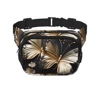 Riñonera cuadrada con estampado único de mariposas blancas y doradas, gran capacidad, ajustable, para viajes y deportes al aire libre