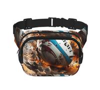 Riñonera cuadrada con estampado único de rugby en llamas, gran capacidad, ajustable, para viajes y deportes al aire libre