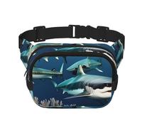Riñonera cuadrada con estampado único de tiburones bajo el mar, gran capacidad, ajustable, para viajes y deportes al aire libre