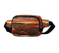 Riñonera cuadrada de doble capa con diseño de campo de amapolas rojas al atardecer con correa ajustable. Riñonera con cremallera, múltiples bolsillos. Bolsa de pecho deportiva para senderismo, trotar