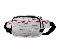 Riñonera cuadrada de doble capa con diseño de corazones rojos sobre ladrillo blanco con correa ajustable. Riñonera con cremallera, múltiples bolsillos. Bolsa de pecho deportiva para senderismo, trotar