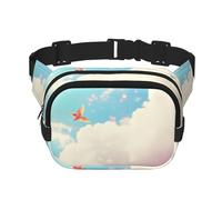 Riñonera cuadrada de doble capa con diseño de pájaros volando bajo nubes blancas con correa ajustable para el hombro, riñonera de viaje, perfecta para deportes al aire libre, Negro -, Talla única