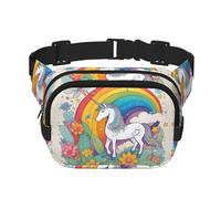 Riñonera cuadrada de doble capa con diseño de unicornios de dibujos animados con correa ajustable para actividades al aire libre, color negro, talla única, Black, Talla única