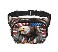 Riñonera cuadrada de doble capa con estampado de águila con bandera de Estados Unidos, para hombre y mujer, para entrenamiento, viajes, para entrenamiento, Negro -, Talla única