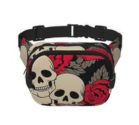 Riñonera cuadrada de doble capa con estampado de calavera negra con rosas, accesorio de entrenamiento para hombres y mujeres