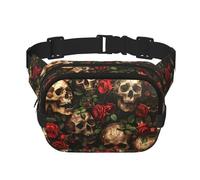 Riñonera cuadrada de doble capa con estampado de calavera y rosa roja, bolsa de viaje con campana ajustable, Negro -, Talla única