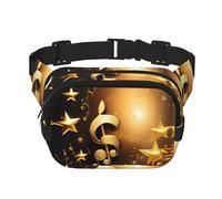 Riñonera cuadrada de doble capa con estampado de estrella brillante dorada con estampado de notas musicales caídas unisex para viajes y entrenamiento, Negro -, Talla única