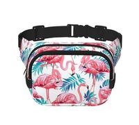 Riñonera cuadrada de doble capa con estampado de hojas de plantas verdes y flamencos, unisex, para viajes y entrenamiento, Negro -, Talla única