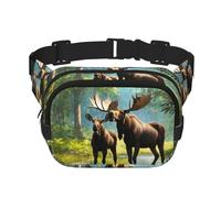 Riñonera cuadrada de doble capa con estampado de oso de ciervo y alce, unisex, para viajes y entrenamiento, Negro -, Talla única