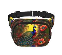 Riñonera cuadrada de doble capa con flores de pavo real para actividades al aire libre como deportes, viajes, senderismo, ciclismo, Black, Talla única