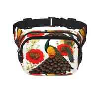 Riñonera cuadrada de doble capa con flores rojas de pavo real para actividades al aire libre como deportes, viajes, senderismo, ciclismo, Black, Talla única