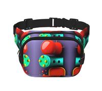 Riñonera cuadrada de doble capa con objetos tridimensionales con correa ajustable para actividades al aire libre, color negro, talla única, Black, Talla única