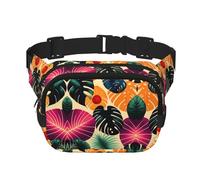 Riñonera cuadrada de doble capa con patrón tropical con correa ajustable para actividades al aire libre, color negro, talla única, Black, Talla única