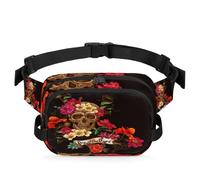 Riñonera Day of The Dead para mujeres, hombres, niñas y niños, diseño de calavera floral, riñonera para correr, deportes, senderismo, bolsa de cinturón, color, XL, Organizador de bolsas