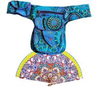 Riñonera de Algodón con 3 Bolsillos con Cremallera + 1 Bolsillo Lateral de Botón - Hebilla Ajustable hasta 106 cm de Cintura - Hecha en Nepal. Incluye Abanico con Diseño Mandala (Azul)