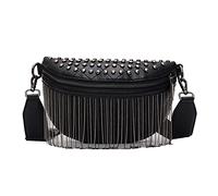 Riñonera de cuero para mujer, con purpurina, con borlas, bandolera y remaches, bolsa de pecho, Black, Talla única