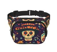 Riñonera de doble capa con diseño de calavera de flores de México, para hombres y mujeres, riñonera ajustable para viajes, senderismo, correr, ciclismo, festivales