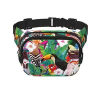 Riñonera de doble capa con estampado de pájaros tropicales y hojas de plantas, riñonera de viaje moderna para hombres y mujeres, color negro, talla única, NEGRO, One Size