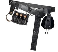 Riñonera de piel sintética retro, juego de 4 piezas, llavero ajustable para cinturón y carcaj para festivales, viajes, diario, punk en relieve, Black, Embossed waist bag, Mass Beauty