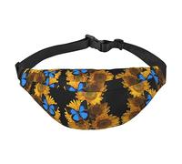 Riñonera de poliéster impermeable con cinturón ajustable, versátil bolsa cruzada para hombres y mujeres, Girasoles amarillos con mariposas azules, Talla única
