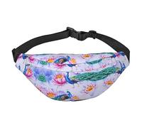 Riñonera de poliéster impermeable con cinturón ajustable, versátil bolsa cruzada para hombres y mujeres, Hermosos pavos reales y lotos, Talla única