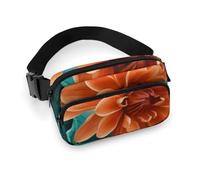 Riñonera de sarga de gran capacidad con estampado de flores de color verde azulado y naranja, un artículo imprescindible para viajes manos libres, Flor verde azulado y naranja, 20x13cm