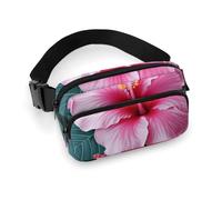 Riñonera de sarga de gran capacidad con estampado de flores rosas hawaianas, un artículo imprescindible para viajes manos libres, Flor rosa hawaiana, 20x13cm