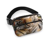 Riñonera de sarga de gran capacidad con estampado de tigre sobre la hierba, un artículo imprescindible para viajes con manos libres, Tigre tumbado en la hierba, 20x13cm