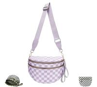Riñonera de Tela Oxford a Cuadros y Lisa, Ajustable - Gran Capacidad para Viajes y Uso Diario (Light Purple Plaid,One Size)