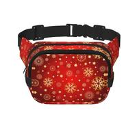 Riñonera elegante y práctica con fondo rojo, estampado de nieve dorada, ajustable, perfecta para viajes y actividades al aire libre, Black, Talla única