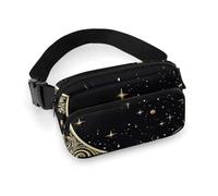 Riñonera estampada de sarga de gran capacidad con diseño de luna creciente sobre fondo negro, un artículo imprescindible para viajes con manos libres, Patrón de luna creciente sobre fondo negro