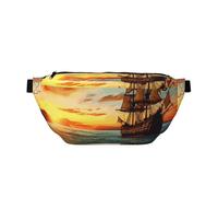 Riñonera grande cruzada para hombres y mujeres, barco pirata en el atardecer, bolsa de pecho ajustable para viajes, Barco pirata en la puesta de sol, Talla única, Estilo retro