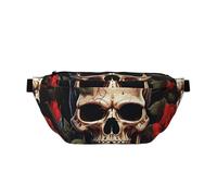 Riñonera grande cruzada para hombres y mujeres, bolsa de pecho con pintura de girasol, bolsa de cintura ajustable para viajes, Calavera rosa roja, Talla única, Estilo retro