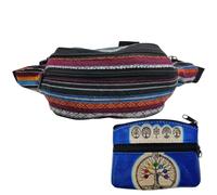 Riñonera Hippie de Tela con 3 Bolsillos + Monedero Étnico con Dibujo Árbol de la Vida Hecho en Piel (Azul)