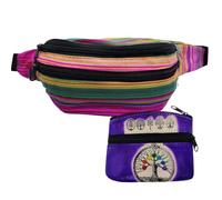 Riñonera Hippie de Tela con 3 Bolsillos + Monedero Étnico con Dibujo Árbol de la Vida Hecho en Piel (Morado)