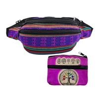 Riñonera Hippie de Tela con 3 Bolsillos + Monedero Étnico con Dibujo Árbol de la Vida Hecho en Piel (Rosa)