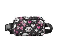 Riñonera impermeable con estampado de calaveras blancas y fondo negro, bonito lazo en la cabeza, corazones, estrellas y lazos, estilo monstruoso, elegante, riñonera para mujeres y hombres, Patrón