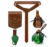 Riñonera medieval de 5 piezas con botella mágica de poción, cinturón de piel sintética y bolsas para steampunk, cosplay, Halloween, riñonera, Brown, Talla única